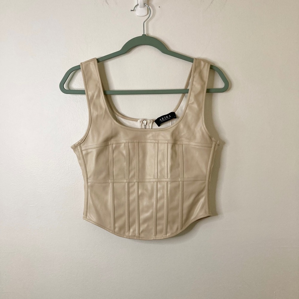 Y2K Faux Leather Corset Top Beige Cream Square Neck Zip Back M Basque Baddie